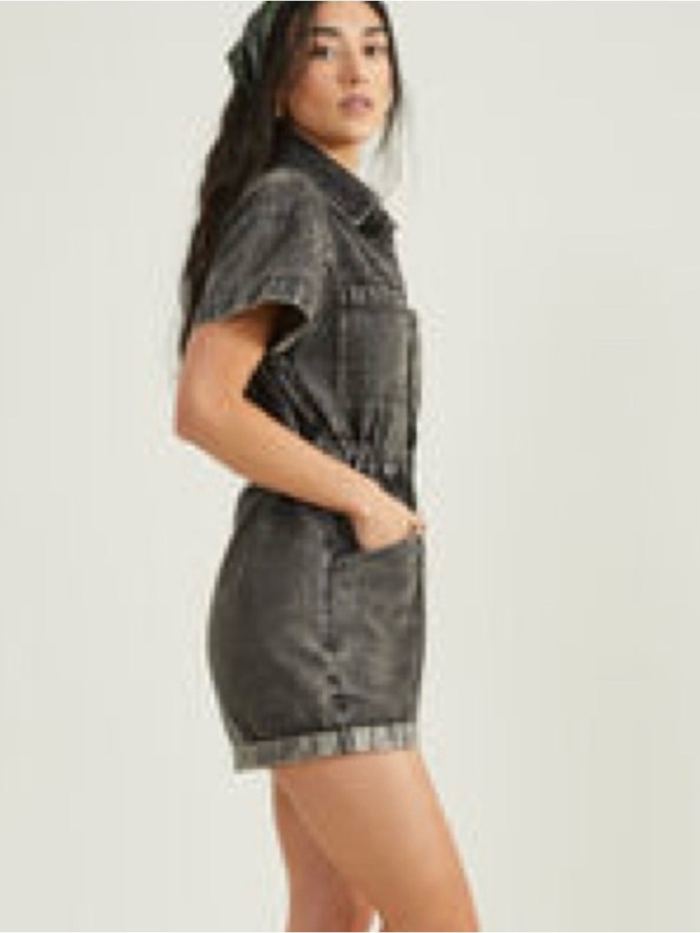 Altar'd State Washed Black Denim Jean Shorts Romper Size M - Picture 2 of 9
